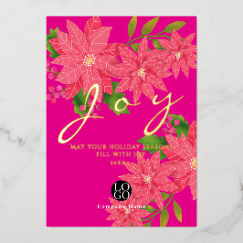 Tarjeta Festiva Con Relieve Metalizado Joy Christmas Poinsettia Business Logo Red