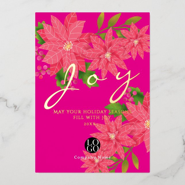 Tarjeta Festiva Con Relieve Metalizado Joy Christmas Poinsettia Business Logo Red (Anverso)