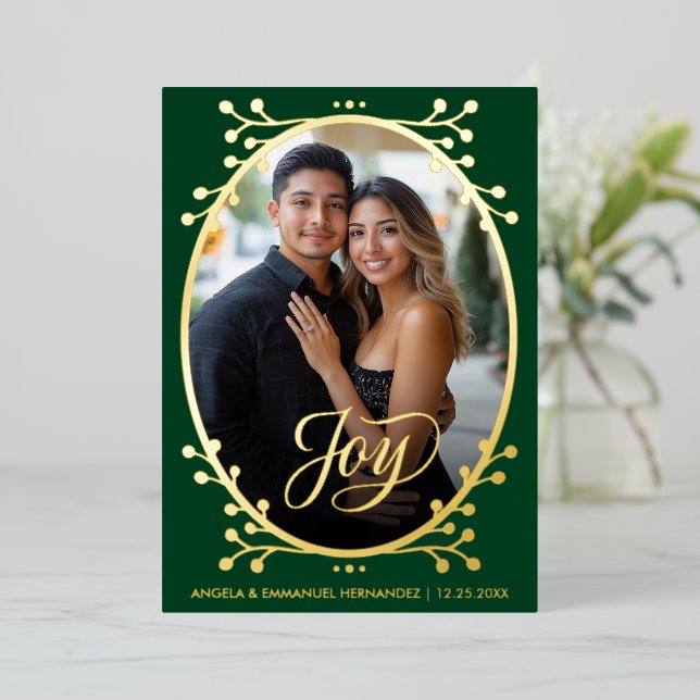 Tarjeta Festiva Con Relieve Metalizado  Joy | Elegant Calligraphy Photo Green Christmas (Anverso de pie)