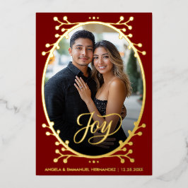 Tarjeta Festiva Con Relieve Metalizado Joy | Elegant Calligraphy Photo Red Christmas