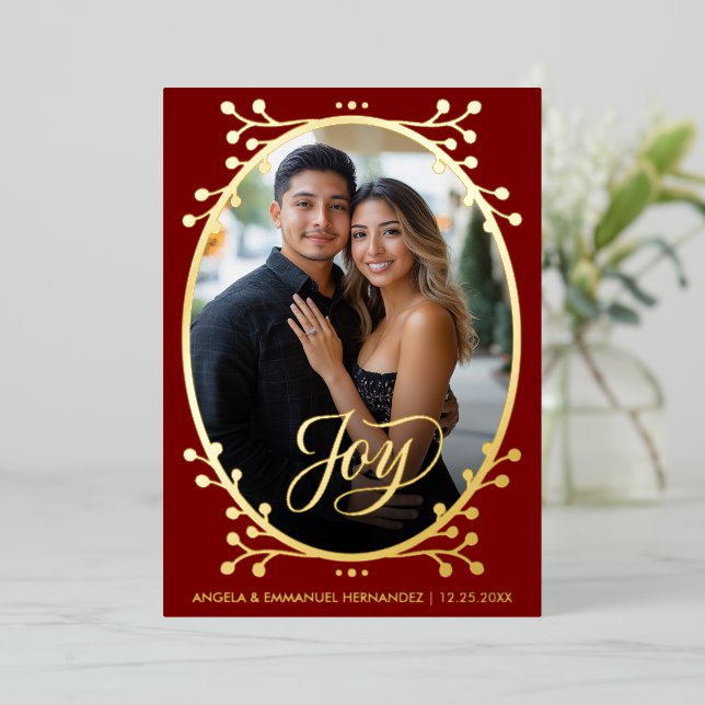Tarjeta Festiva Con Relieve Metalizado  Joy | Elegant Calligraphy Photo Red Christmas (Anverso de pie)