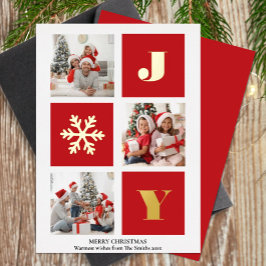 Tarjeta Festiva Con Relieve Metalizado JOY Elegant Gold Snowflakes Moderno Script Photo