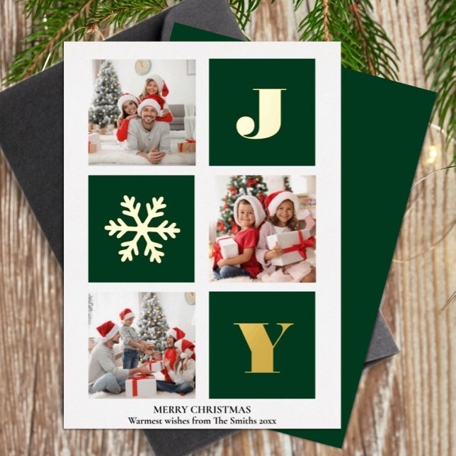 Tarjeta Festiva Con Relieve Metalizado JOY Elegant Gold Snowflakes Moderno Script Photo (Subido por el creador)