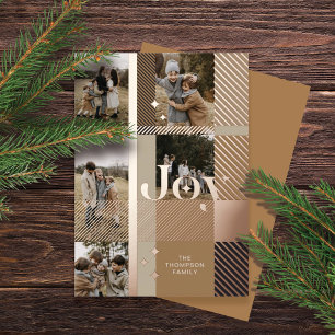 Tarjeta Festiva Con Relieve Metalizado Joy Elegant Plaid 5 Collage de fotografía familiar