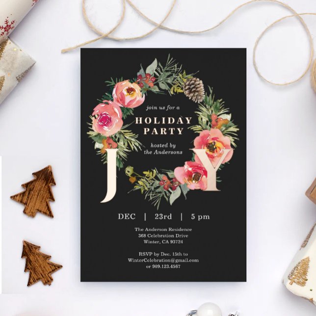 Tarjeta Festiva Con Relieve Metalizado Joy Floral Wreath Black Christmas Party (Subido por el creador)