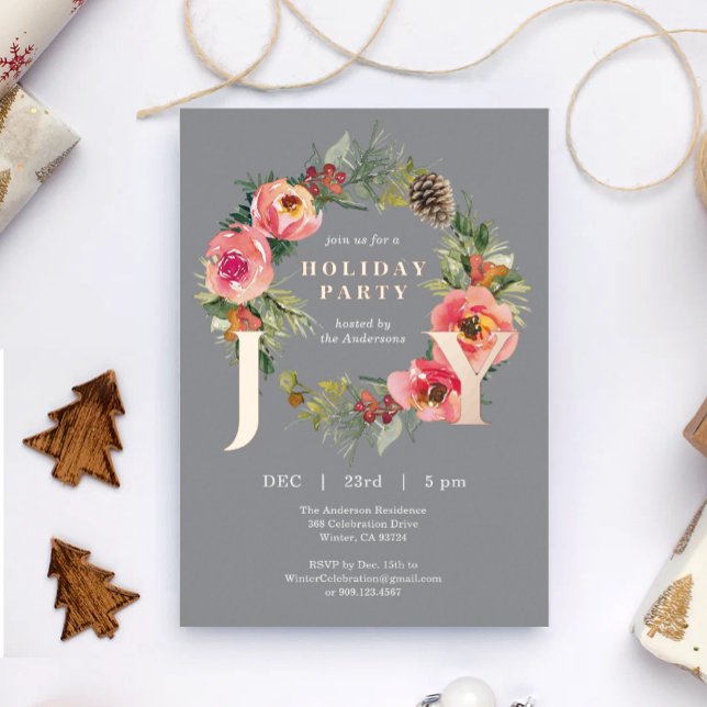 Tarjeta Festiva Con Relieve Metalizado Joy Floral Wreath Gray Christmas Party (Subido por el creador)