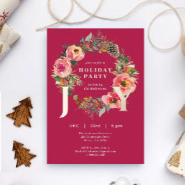 Tarjeta Festiva Con Relieve Metalizado Joy Floral Wreath Red Christmas Party