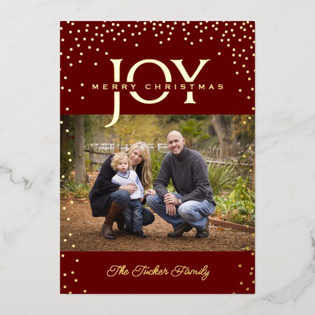 Tarjeta Festiva Con Relieve Metalizado JOY Gold Confetti Dark Red Merry Christmas 2-Photo (Anverso)