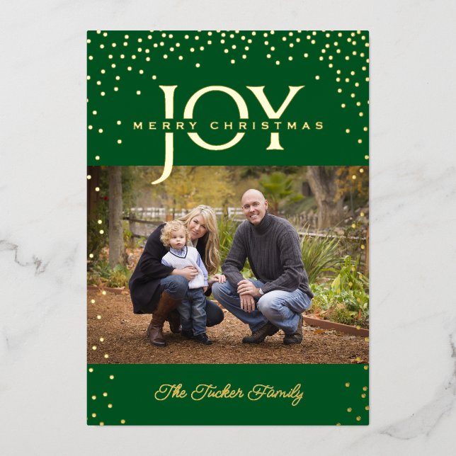 Tarjeta Festiva Con Relieve Metalizado JOY Gold Confetti en Green Merry (Anverso)