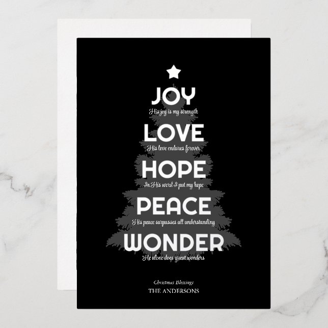 Tarjeta Festiva Con Relieve Metalizado Joy Hope Love Peace Wonder Christian Navidades (Anverso/Reverso)