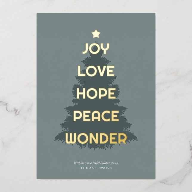 Tarjeta Festiva Con Relieve Metalizado Joy Hope Love Peace Wonder Navidades (Anverso)