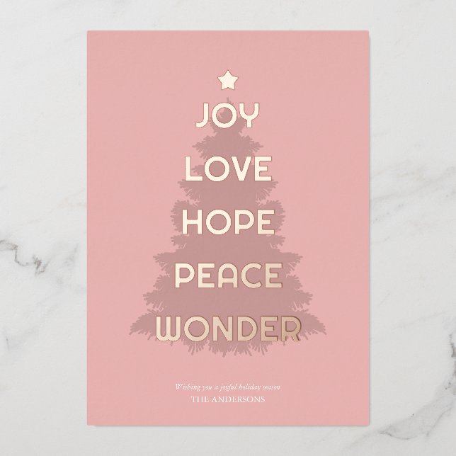 Tarjeta Festiva Con Relieve Metalizado Joy Hope Love Peace Wonder Navidades (Anverso)