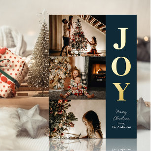 Tarjeta Festiva Con Relieve Metalizado Joy Modern Blue Gold Navidades 3 Collage de fotos