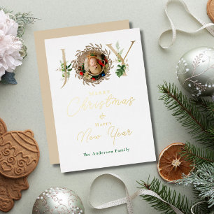 Tarjeta Festiva Con Relieve Metalizado JOY Navidades Baby Photo Alphabet Tropical