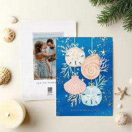 Tarjeta Festiva Con Relieve Metalizado Joy Navidades Ocean Watercolor Seashell Ornaments