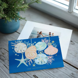Tarjeta Festiva Con Relieve Metalizado Joy Navidades Ocean Watercolor Seashell Ornaments