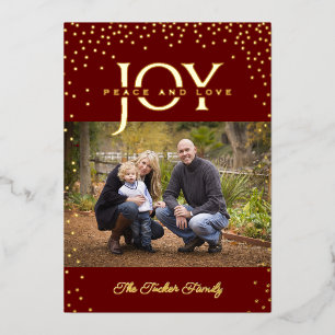 Tarjeta Festiva Con Relieve Metalizado JOY Peace and Love Gold Confetti Red oscuro 2-Phot