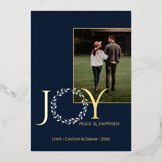 Tarjeta Festiva Con Relieve Metalizado Joy Peace Happiness Holiday Wreath con fotos (Anverso)