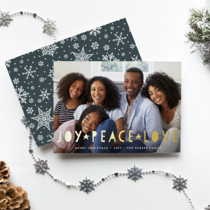 Tarjeta Festiva Con Relieve Metalizado Joy Peace Love   Foto horizontal