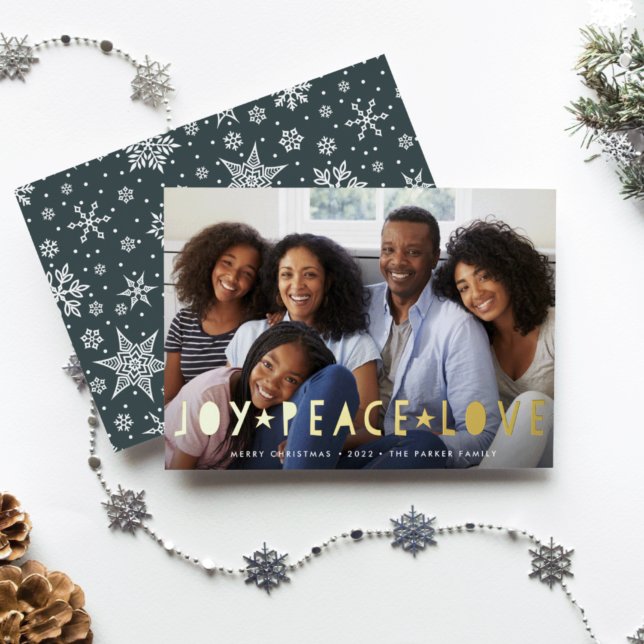 Tarjeta Festiva Con Relieve Metalizado Joy Peace Love | Foto horizontal (Subido por el creador)