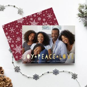 Tarjeta Festiva Con Relieve Metalizado Joy Peace Love Foto horizontal
