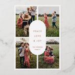Tarjeta Festiva Con Relieve Metalizado Joy por la paz y el amor por la paz 4 Navidades Mi<br><div class="desc">Peace Love Joy: una tarjeta de Navidades moderna con un diseño contemporáneo y un collage de 4 fotos.</div>