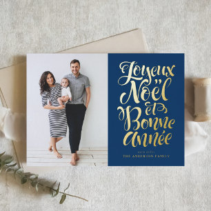 Tarjeta Festiva Con Relieve Metalizado Joyeux Noël et Bonne Année Foto manuscrita