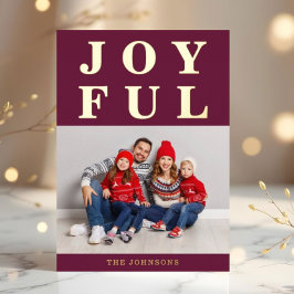 Tarjeta Festiva Con Relieve Metalizado Joyful Modern Burgundy Photo Navidad Gold