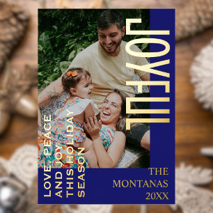 Tarjeta Festiva Con Relieve Metalizado Joyful Modern Holiday Family Photo Midnight Blue