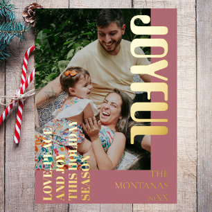 Tarjeta Festiva Con Relieve Metalizado Joyful Modern Holiday Family Photo Rosa Gold