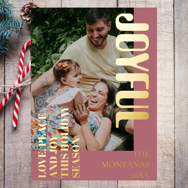 Tarjeta Festiva Con Relieve Metalizado Joyful Modern Holiday Family Photo Rosa Gold (Subido por el creador)