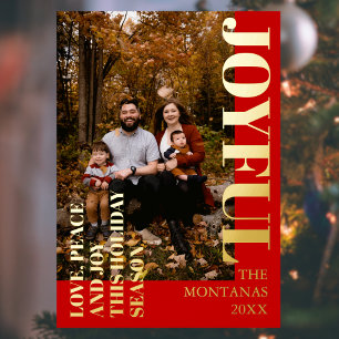 Tarjeta Festiva Con Relieve Metalizado Joyful Modern Holiday Family   Un rojo bastante in