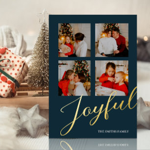 Tarjeta Festiva Con Relieve Metalizado Joyful Modern Minimalista Blue Gold Script Photo