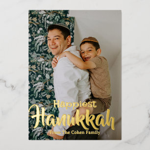 Tarjeta Festiva Con Relieve Metalizado Joyous Hanukkah Foto simple de la familia Hanukk