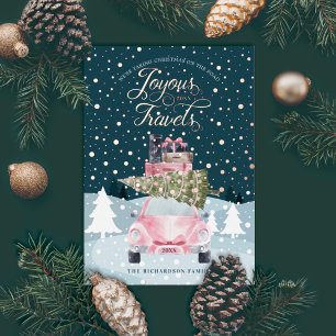 Tarjeta Festiva Con Relieve Metalizado Joyous Travels Road Viaje Coche de color rosa retr