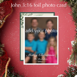 Tarjeta Festiva Con Relieve Metalizado Juan 3:16 Elegante Foto de Navidad con Verde Moder