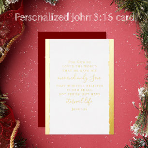 Tarjeta Festiva Con Relieve Metalizado Juan 3:16 Personalizado Elegante Navidad Oro