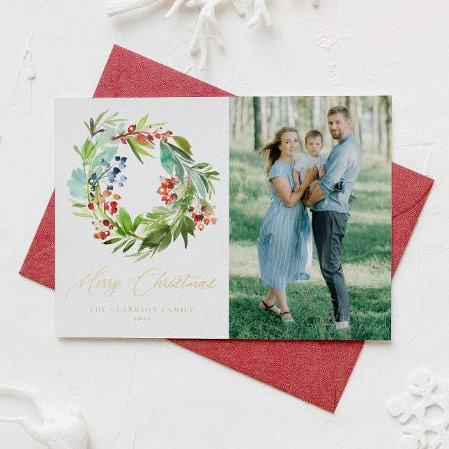 Tarjeta Festiva Con Relieve Metalizado Juniper y Holly Wreath Merry Christmas Photo (Subido por el creador)