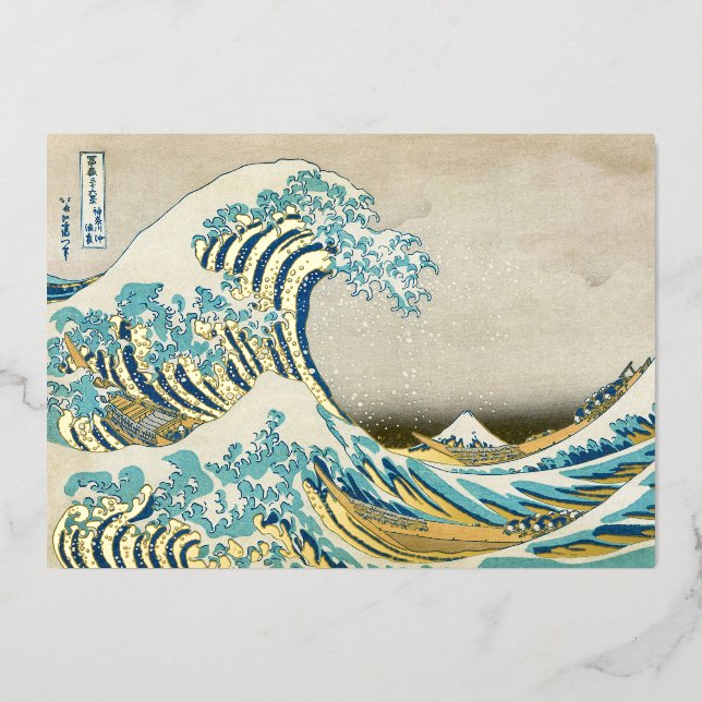 Tarjeta Festiva Con Relieve Metalizado Katsushika Hokusai - La gran ola de Kanagawa (Anverso)