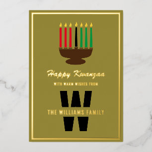 Tarjeta Festiva Con Relieve Metalizado Kinara Candles Happy Kwanzaa Monograma