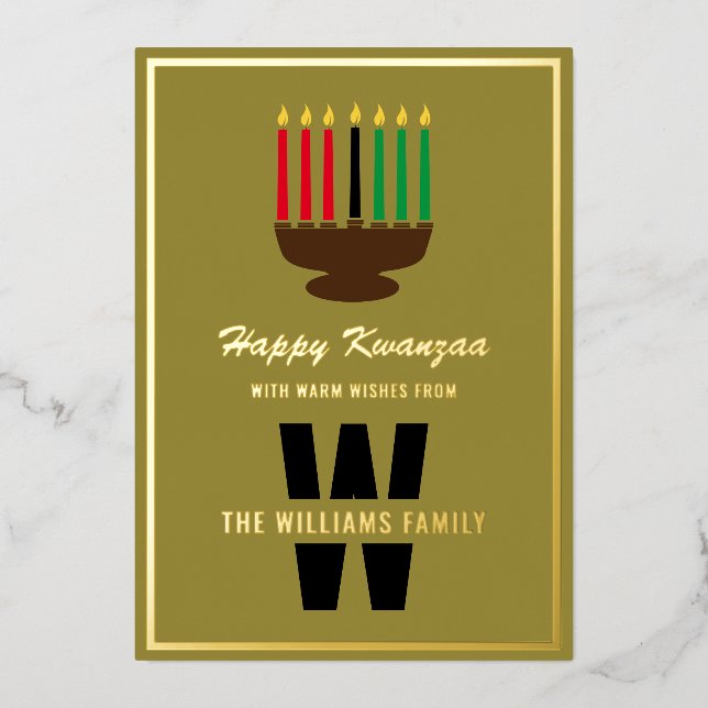 Tarjeta Festiva Con Relieve Metalizado Kinara Candles Happy Kwanzaa Monograma (Anverso)