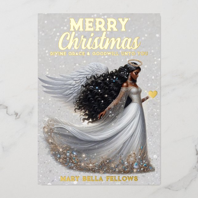 Tarjeta Festiva Con Relieve Metalizado La diosa ángel afroamericana elegante espiritual (Anverso)