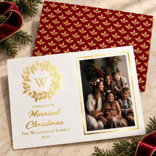 Tarjeta Festiva Con Relieve Metalizado La Navidad más alegre de acebo y bayas