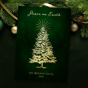 Tarjeta Festiva Con Relieve Metalizado La paz elegante en el árbol de Navidad del oro de 