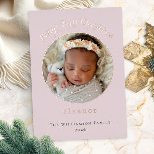 Tarjeta Festiva Con Relieve Metalizado La primera Navidad de bebé Foto personalizada Rosa