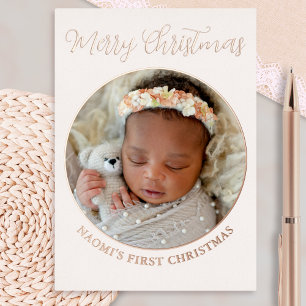 Tarjeta Festiva Con Relieve Metalizado La primera Navidad de un bebé merry y una foto min