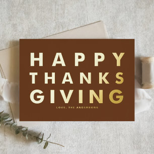 Tarjeta Festiva Con Relieve Metalizado La tipografía moderna Brown Feliz Día de Acción de