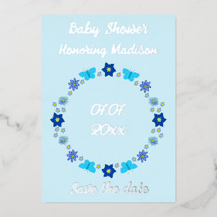 Tarjeta Festiva Con Relieve Metalizado Las mariposas y las flores de Blue Baby Boy salvan