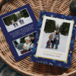 Tarjeta Festiva Con Relieve Metalizado Las modernas estrellas de Menorah amarillo azul 3<br><div class="desc">Celebre el estilo de Hanukkah con esta moderna tarjeta de fotos que presenta una menorah de moda y un patrón de estrellas en atemporales tonos azules. Con un auténtico Relieve metalizado dorado, el lugar es elegante y festivo. La parte delantera muestra tu familia vertical o foto de pareja favorita en...</div>