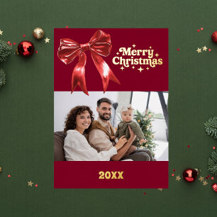 Tarjeta Festiva Con Relieve Metalizado Lazo rojo burdeos navideño foto retro dorada